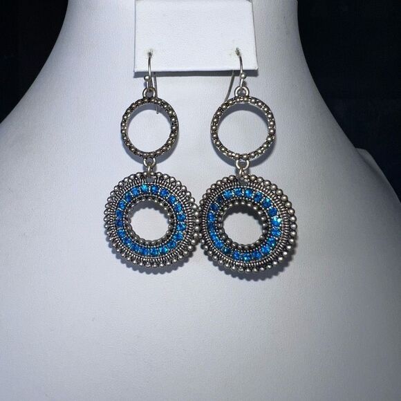 Boho Silver Tone Circle Dangle Earrings with Turquoise Blue Crystals - Picture 6 of 8